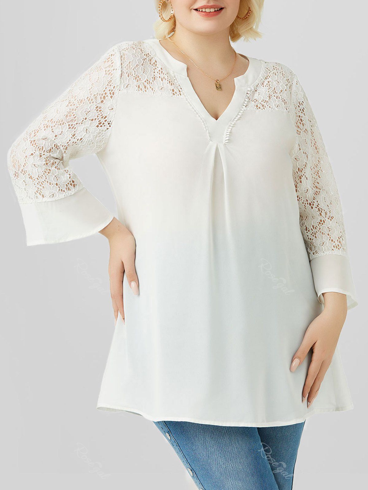 Affordable Plus Size V Neck Lace Panel Swing Blouse  
