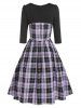 Robe Découpée à Carreaux à 3 / 4 Manches - Pourpre  L