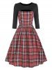 Cut Out Plaid Three Quarter Sleeve Dress -  