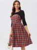 Cut Out Plaid Three Quarter Sleeve Dress -  