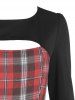 Cut Out Plaid Three Quarter Sleeve Dress -  