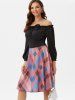 Off Shoulder Ruffle Bowknot Plaid Dress -  
