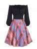 Off Shoulder Ruffle Bowknot Plaid Dress -  