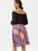 Off Shoulder Ruffle Bowknot Plaid Dress -  