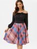 Off Shoulder Ruffle Bowknot Plaid Dress -  