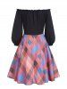 Off Shoulder Ruffle Bowknot Plaid Dress -  