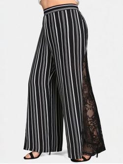 Plus Size High Rise Lace Panel Striped Wide Leg Pants - BLACK - L