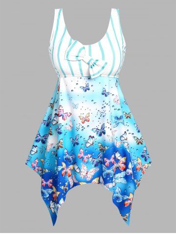 Plus Size Butterfly Print Bowknot Handkerchief Modest Tankini Swimwear - LIGHT BLUE - 1X