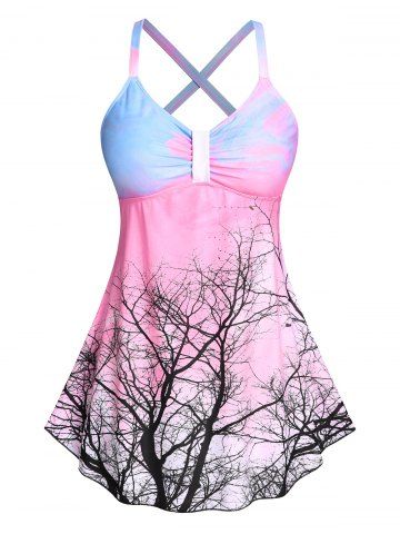 Plus Size Tree Print Tie Dye Crisscross Modest Tankini Swimsuit - LIGHT PINK - 2X