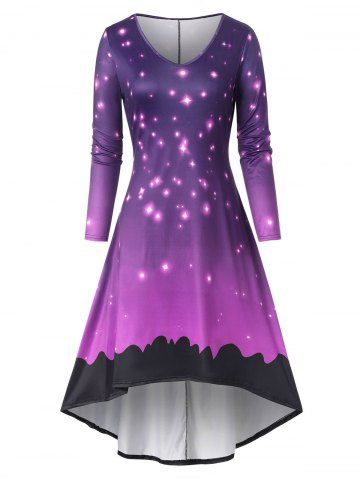 Starry Print Long Sleeve High Low Dress - PURPLE - L
