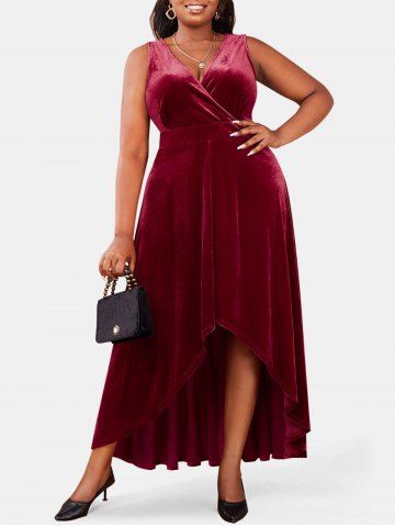 Plus Size Velvet High Low Maxi Cocktail Dress - DEEP RED - 1X