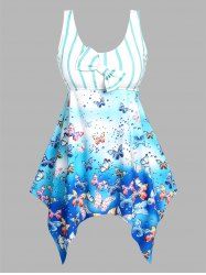 Maillot de Bain Tankini Mouchoir Modeste à Imprimé Papillon de Grande Taille avec Nœud Papillon - Bleu clair 4X