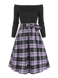Tie Waist Plaid Off Shoulder Long Sleeve Dress -  