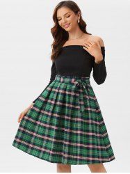 Tie Waist Plaid Off Shoulder Long Sleeve Dress -  