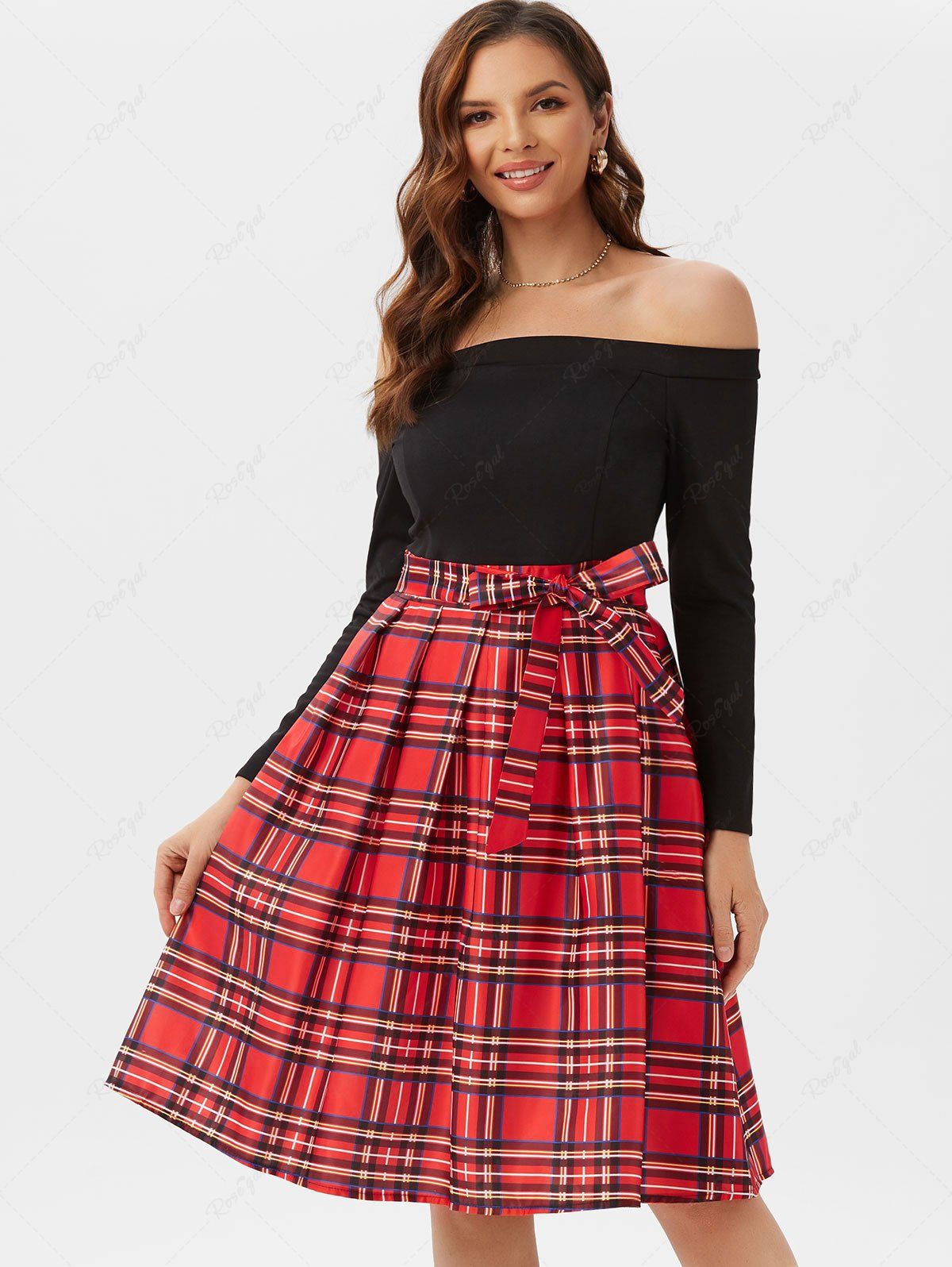 Robe à Carreaux Epaule Dénudée Taille Nouée à Manches Longues Rouge L