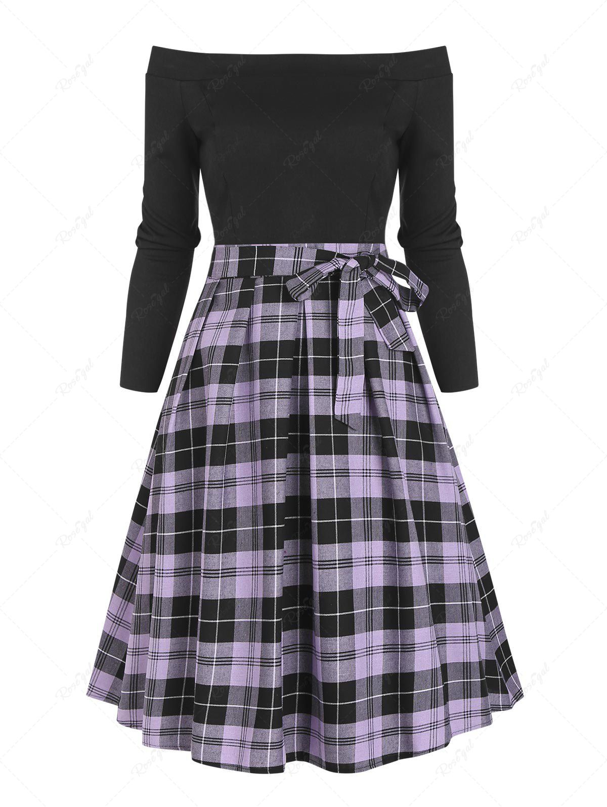 Online Tie Waist Plaid Off Shoulder Long Sleeve Dress  