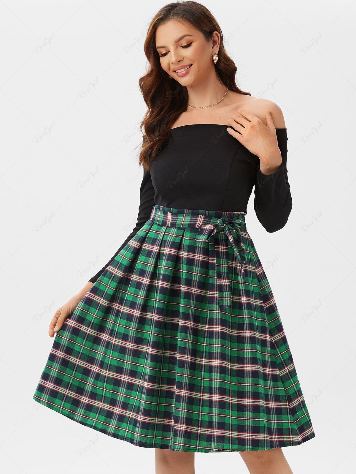 Best Tie Waist Plaid Off Shoulder Long Sleeve Dress  