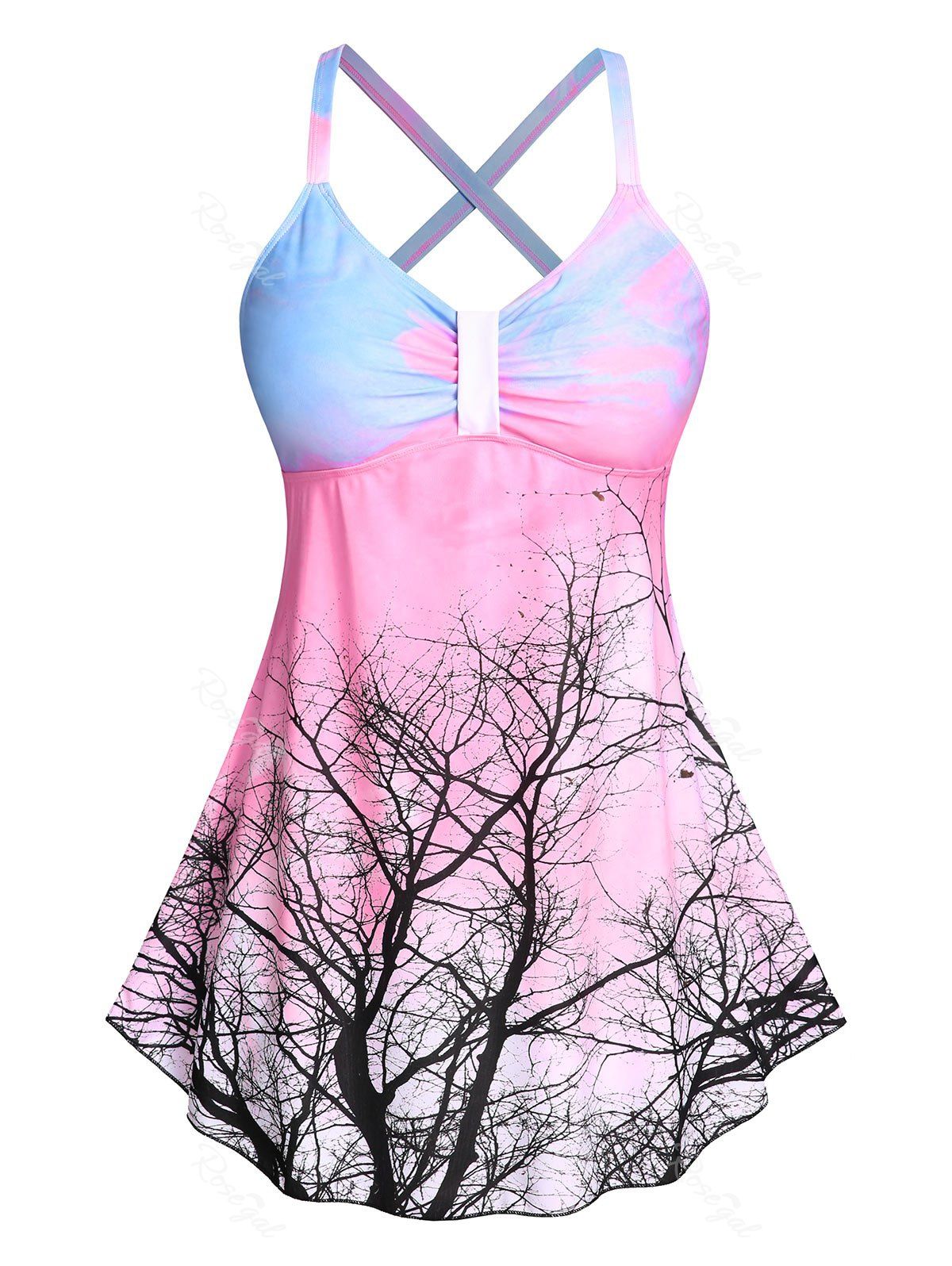 Outfits Plus Size Tree Print Tie Dye Crisscross Modest Tankini Swimsuit  