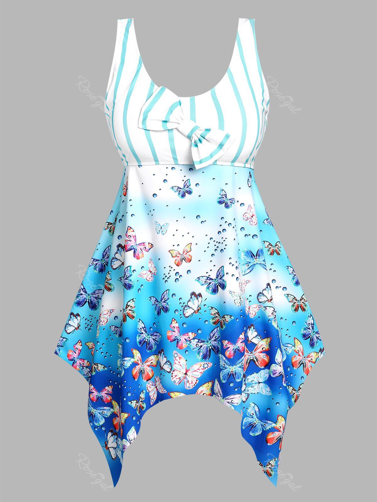 Trendy Plus Size Butterfly Print Bowknot Handkerchief Modest Tankini Swimwear  