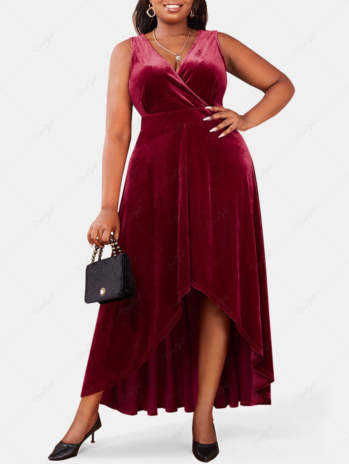 Discount Plus Size Velvet High Low Maxi Cocktail Dress  