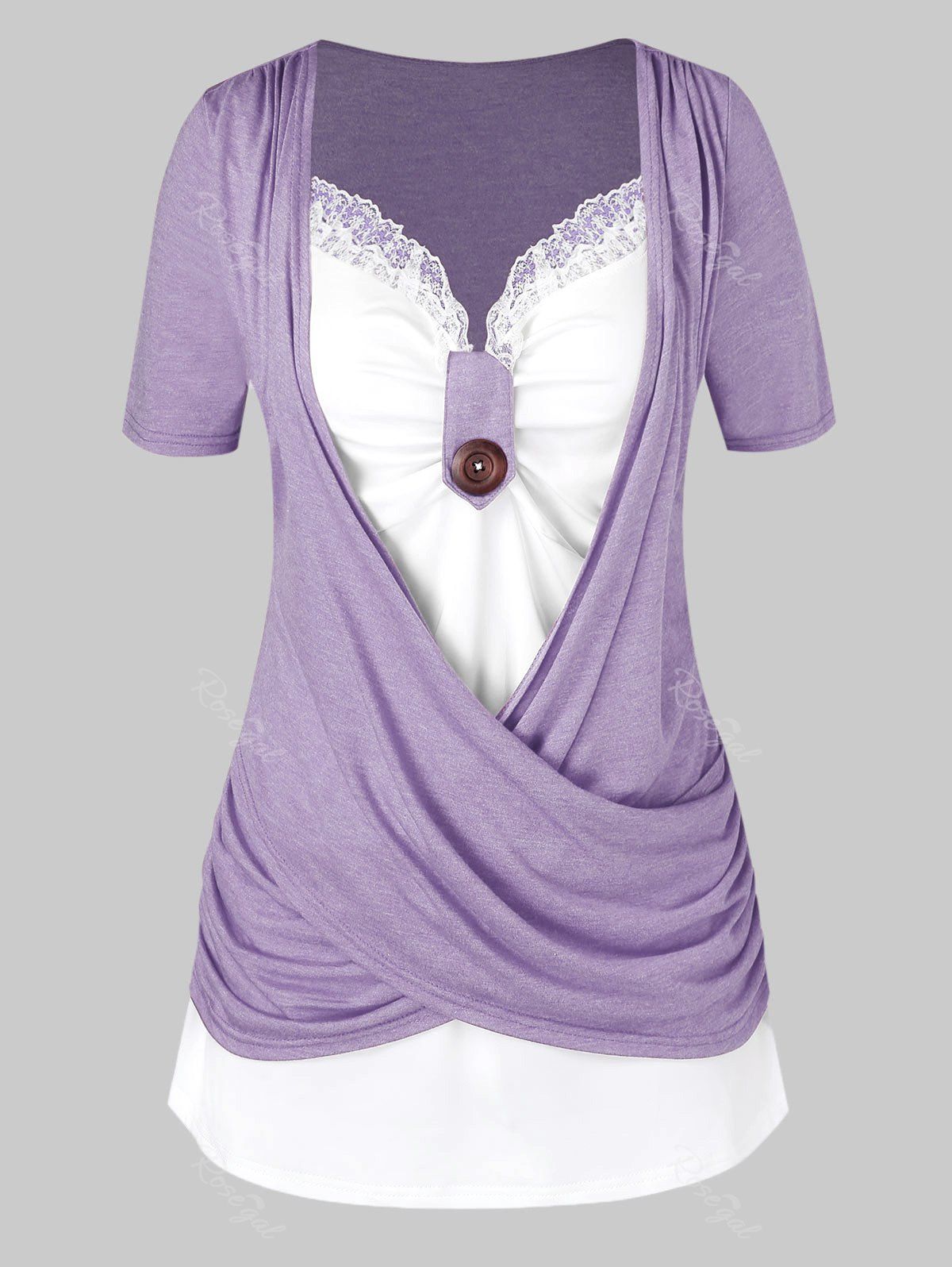 T-shirt Noué Croisé Bicolore de Grande Taille Violet Alto 5X