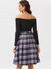 Tie Waist Plaid Off Shoulder Long Sleeve Dress -  