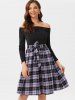 Tie Waist Plaid Off Shoulder Long Sleeve Dress -  