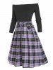 Tie Waist Plaid Off Shoulder Long Sleeve Dress -  