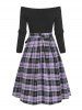 Tie Waist Plaid Off Shoulder Long Sleeve Dress -  