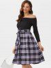 Tie Waist Plaid Off Shoulder Long Sleeve Dress -  
