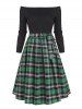Tie Waist Plaid Off Shoulder Long Sleeve Dress -  