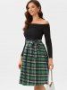 Tie Waist Plaid Off Shoulder Long Sleeve Dress -  