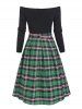 Tie Waist Plaid Off Shoulder Long Sleeve Dress -  