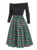 Tie Waist Plaid Off Shoulder Long Sleeve Dress -  