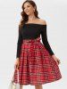 Robe à Carreaux Epaule Dénudée Taille Nouée à Manches Longues - Rouge L