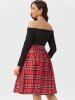 Robe à Carreaux Epaule Dénudée Taille Nouée à Manches Longues - Rouge L