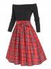 Tie Waist Plaid Off Shoulder Long Sleeve Dress -  