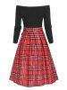 Tie Waist Plaid Off Shoulder Long Sleeve Dress -  