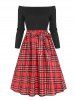 Tie Waist Plaid Off Shoulder Long Sleeve Dress -  