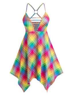 Plus Size & Curve Strappy O Ring Cutout Rainbow Plaid Handkerchief Midi Dress - MULTI - 1X