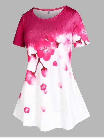 Plus Size Sakura Flower Blossom Print Tee - RED - 5X