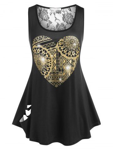 Plus Size Lace Panel Sheer Ripped Heart Print Tank Top - BLACK - 1X