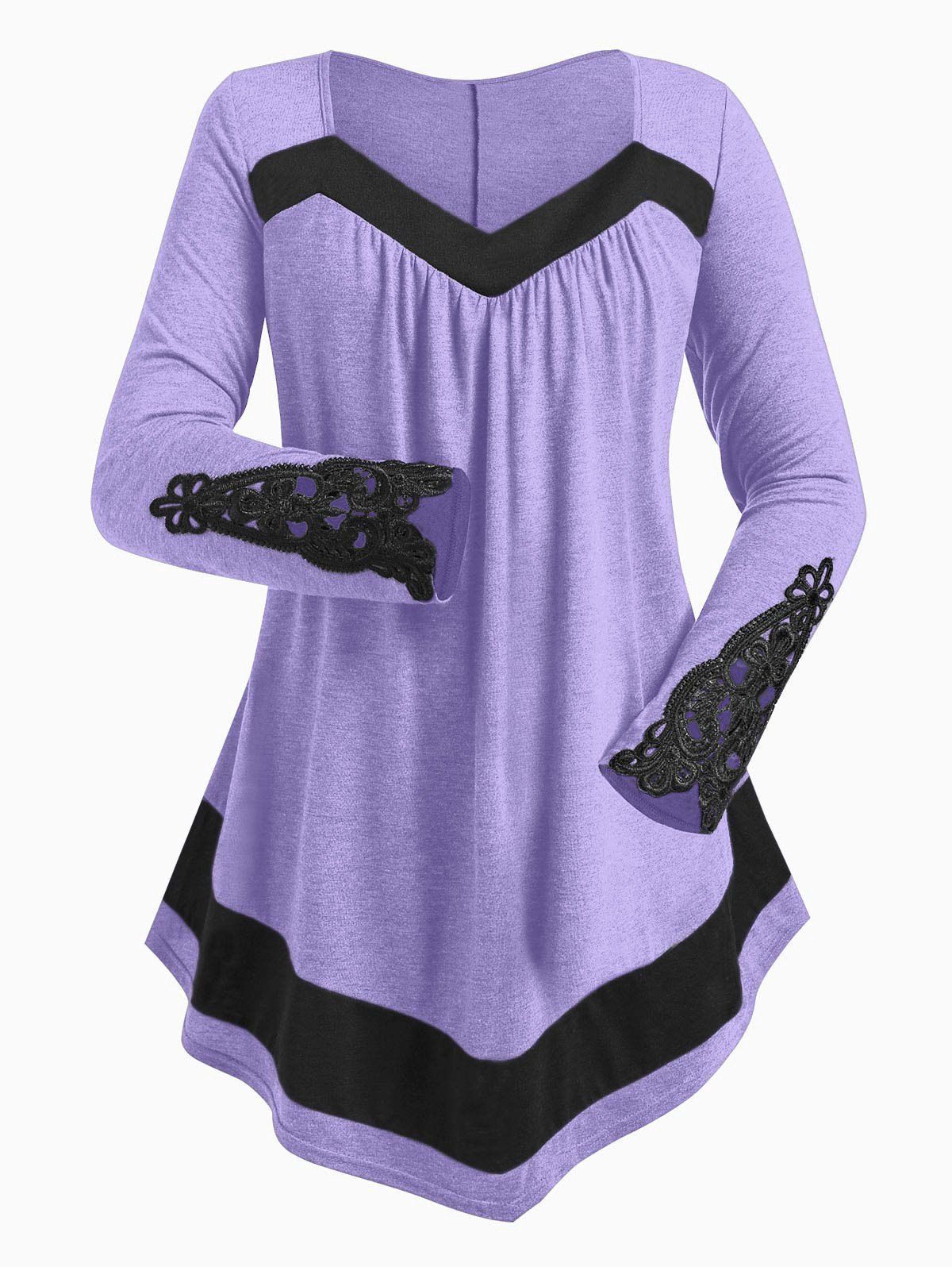 Trendy Plus Size Lace Crochet Colorblock Irregular T-shirt  