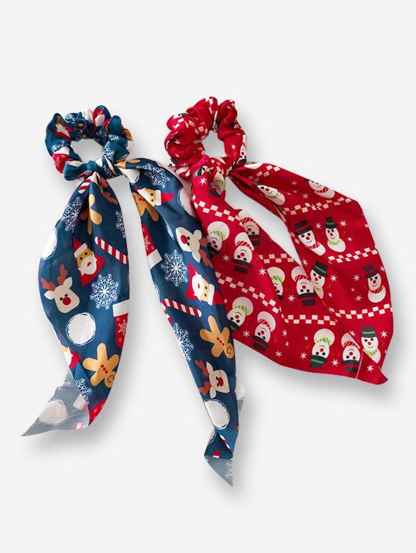 Trendy 2 Pcs Christmas Printed Knotted Scrunchie Set  