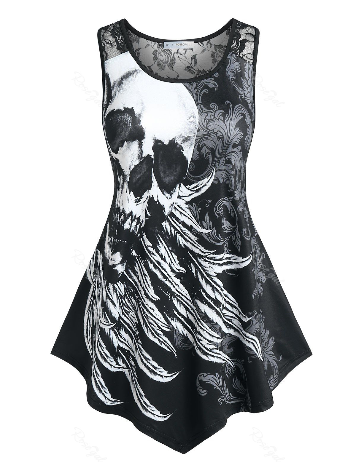 Chic Plus Size & Curve Lace Panel Skull Wing Print Gothic Tank Top  