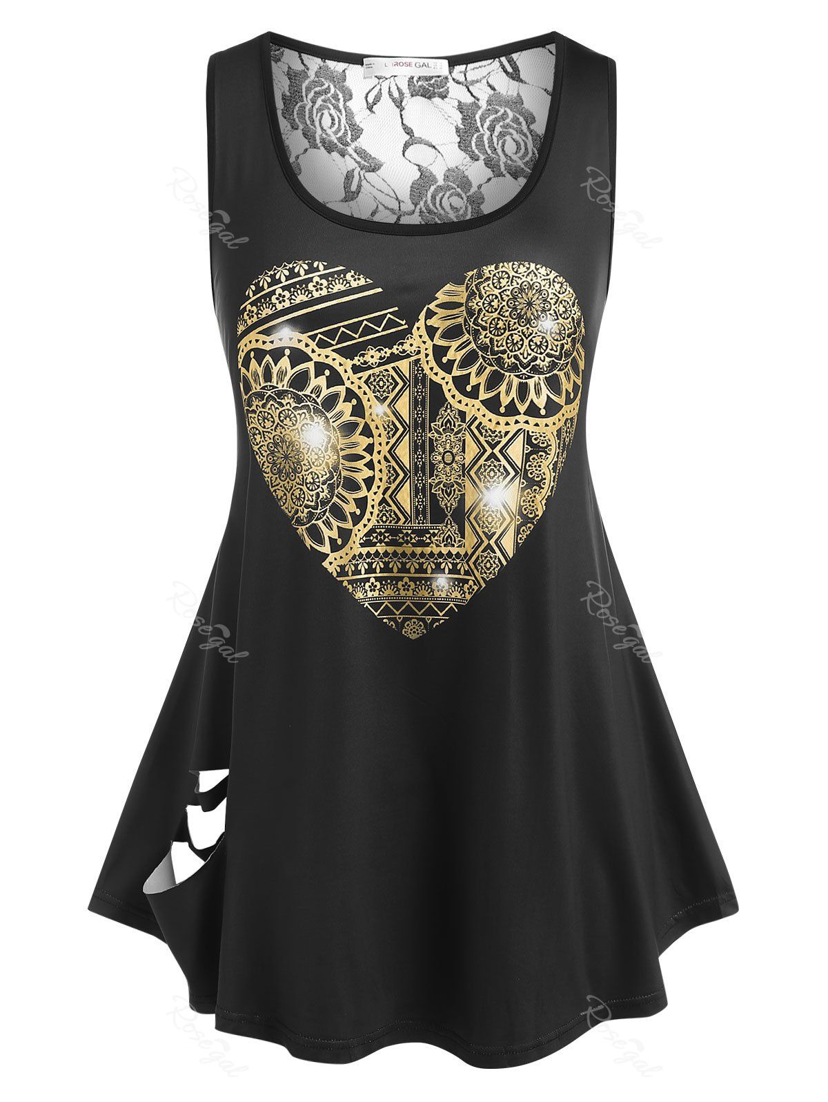 Best Plus Size Lace Panel Sheer Ripped Heart Print Tank Top  