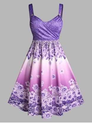 Plus Size & Curve Ombre Color Floral Print Crossover Midi Dress
