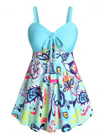 Plus Size Floral Print Ruched Empire Waist Modest Tankini Swimwear - LIGHT BLUE - 4X
