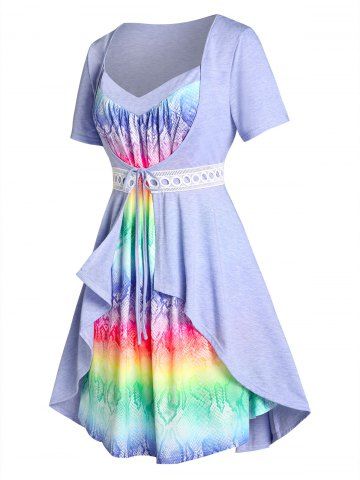 Plus Size Rainbow Snake Print Crochet Insert Twofer Dress - LIGHT PURPLE - 2X