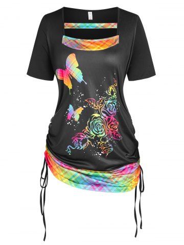 Plus Size & Curve Cinched Flower Butterfly Print T-shirt - BLACK - 1X